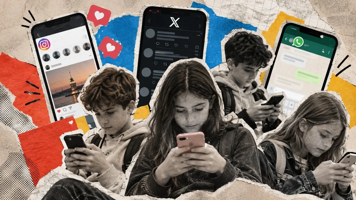 Telefonlarına bakan gençlerin arkasında sosyal medya uygulamalarının bulunduğu illüstrasyon