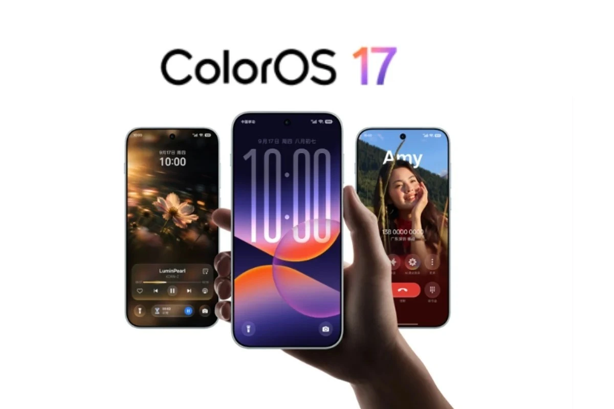 ColorOS 17 arayüzünü gösteren üç akıllı telefon