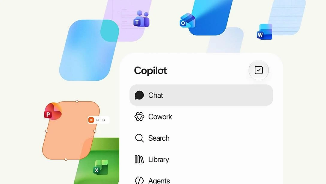 Copilot arayüzünde Chat, Cowork, Search, Library ve Agents seçenekleri