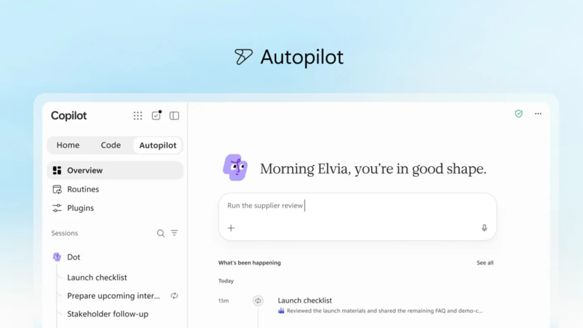Copilot Autopilot ekranında görev takibi ve oturum listesi