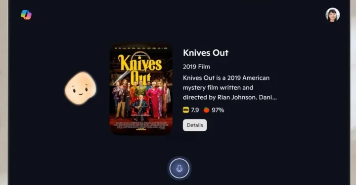 Televizyonda Knives Out filmi için bilgiler ve Copilot arayüzü görüntüleniyor