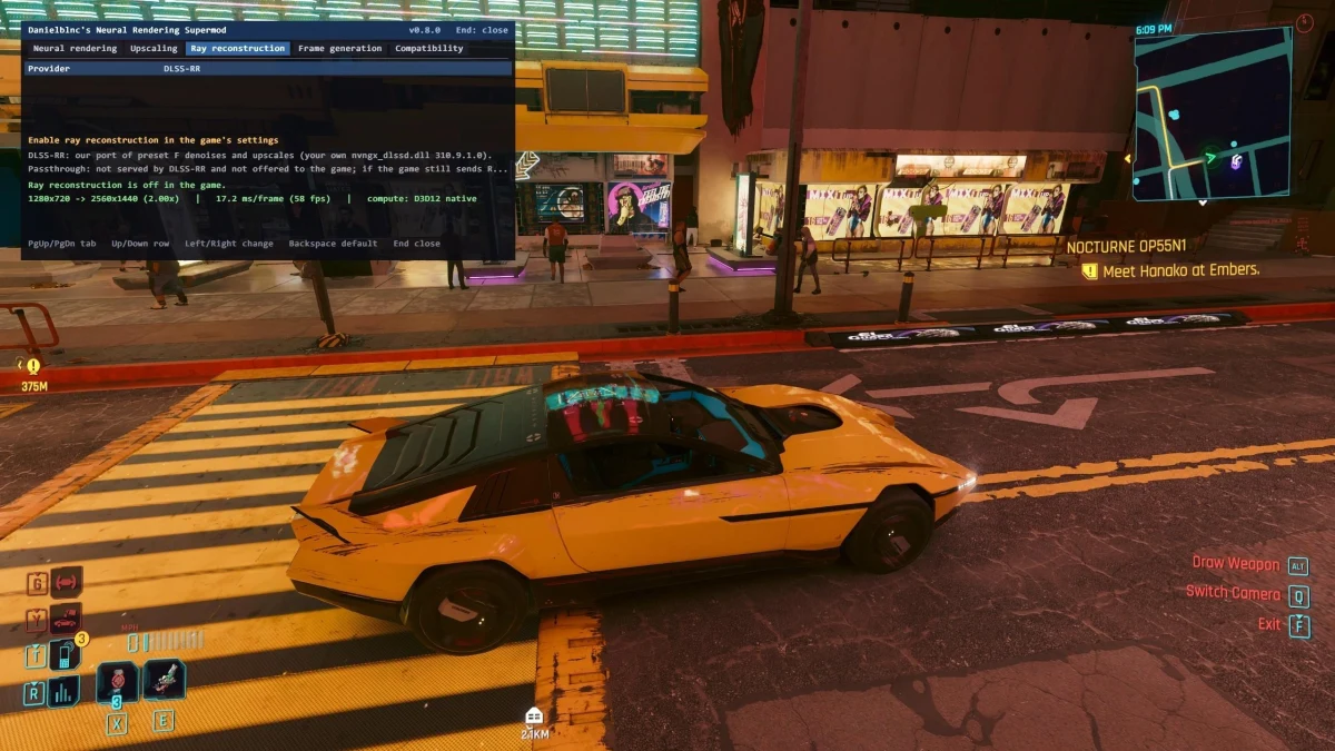 Cyberpunk 2077’de sarı renkli bir otomobilin ve oyun içi mod arayüzünün göründüğü test ekranı