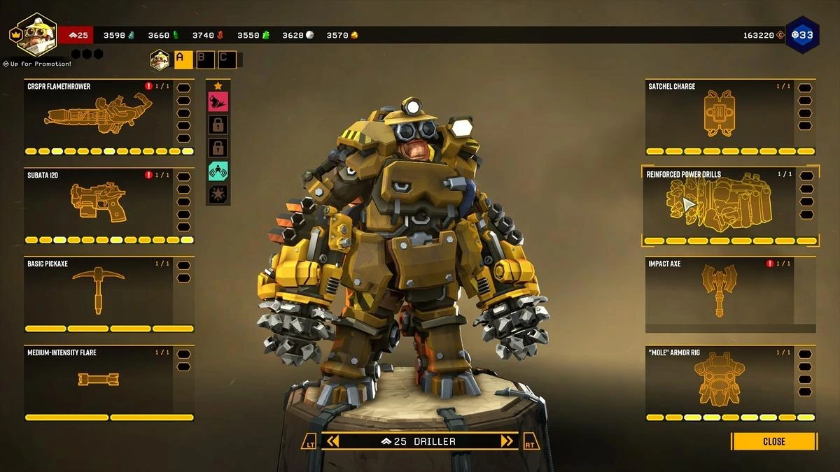 Deep Rock Galactic’te sarı zırhlı bir karakterin ekipman ekranı