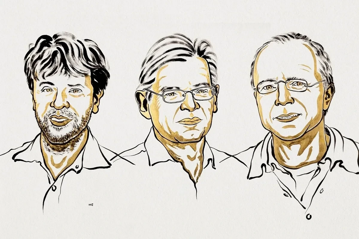 Karl Deisseroth, Peter Hegemann ve Georg Nagel’i temsil eden üç bilim insanı portresi çizimi