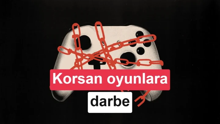Korsan oyunları engelleme temasını anlatan, zincirlerle sarılmış oyun kumandası ve “Korsan oyunlara darbe” yazısı