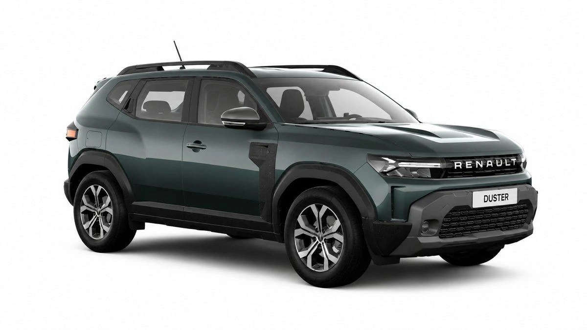 Beyaz fonda koyu yeşil Renault Duster