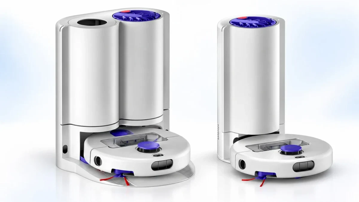 Dyson R1 ve R2 robot süpürgeler, otomatik boşaltma istasyonlarıyla birlikte yan yana
