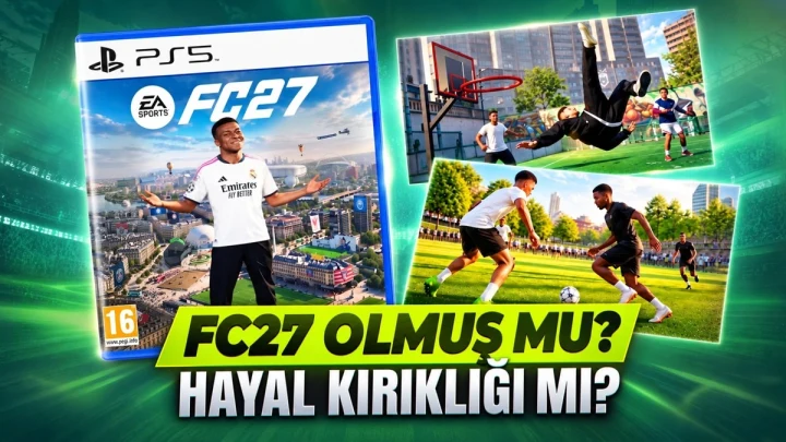 EA Sports FC 27 tanıtım görselinde PS5 oyun kapağı ve saha dışı futbol sahneleri