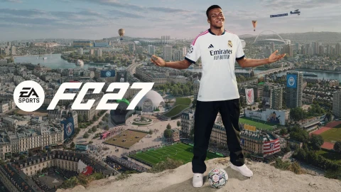 EA SPORTS FC 27 tanıtım görselinde bir futbolcu, oyun logosu ve şehir manzarası önünde yer alıyor.