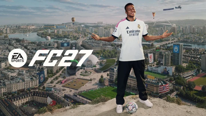 EA SPORTS FC 27 tanıtım görselinde bir futbolcu, oyun logosu ve şehir manzarası önünde yer alıyor.