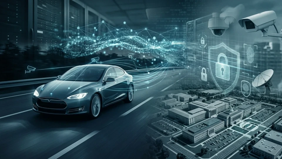 Dijital veri akışları, güvenlik simgeleri ve tesis görüntüsüyle birlikte gösterilen elektrikli araç