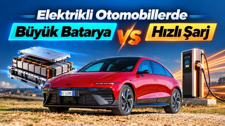 Büyük batarya ile hızlı şarjı karşılaştıran, kırmızı elektrikli otomobilin ve şarj ünitesinin yer aldığı kapak görseli
