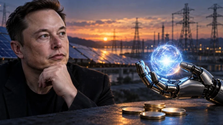 Elon Musk’ın önünde ışıklı bir küre tutan robot eli ve masadaki madeni paralar