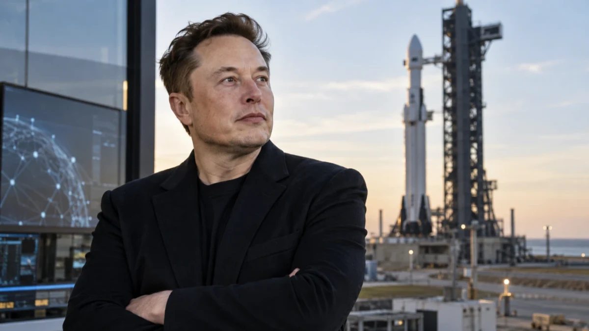 Elon Musk, arka planda roket ve fırlatma kulesi bulunan bir alanda kollarını kavuşturmuş halde duruyor.