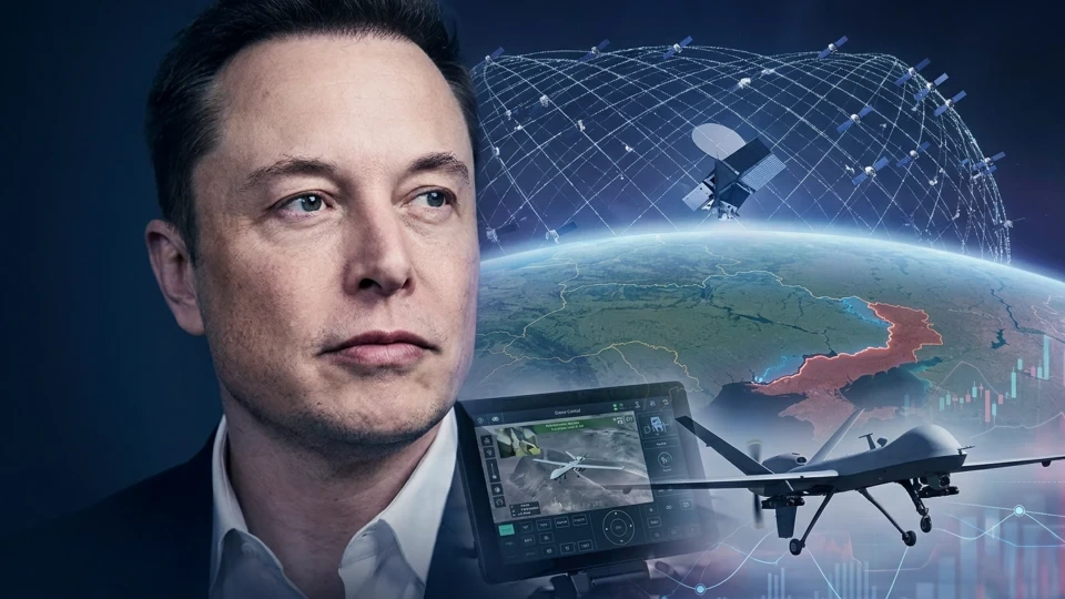 Elon Musk portresi, uydu ağı ve İHA görseli