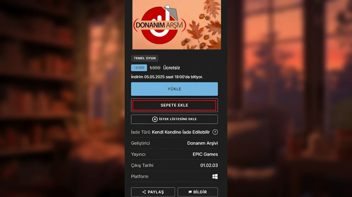 Epic Games Store ürün sayfasında ücretsiz oyun için sepete ekleme seçeneği