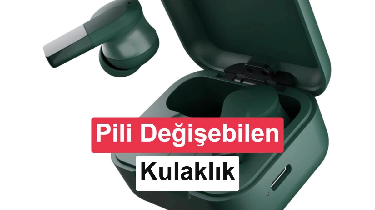 Yeşil Fairphone Fairbuds 2 kulaklıklar ve açık şarj kutusu