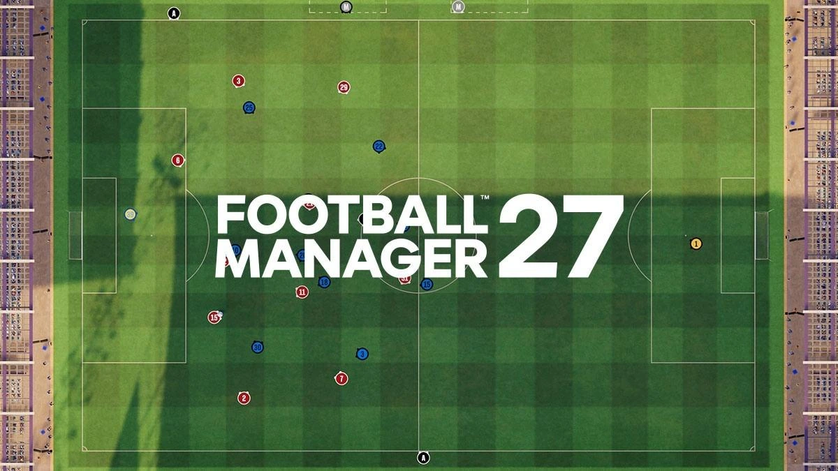 Football Manager 27 logosu futbol sahası görünümünün ortasında