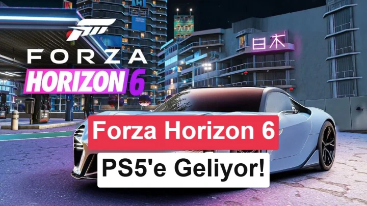 Forza Horizon 6 logosu ve oyunda Japonya’da bir yolda ilerleyen sarı spor otomobil