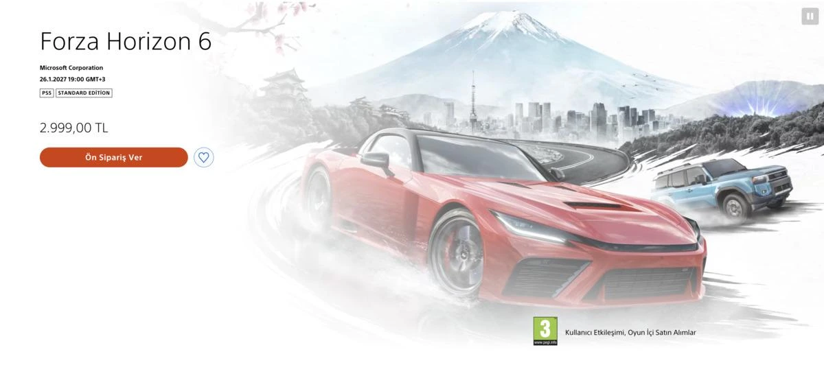 Forza Horizon 6’nın PlayStation sayfasında 2.999 TL fiyat ve ön sipariş seçeneği