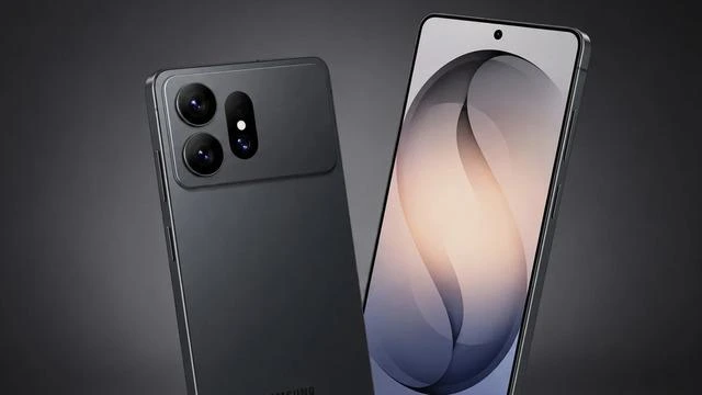 Önden ve arkadan görünen, koyu renkli iki akıllı telefon konsept görseli