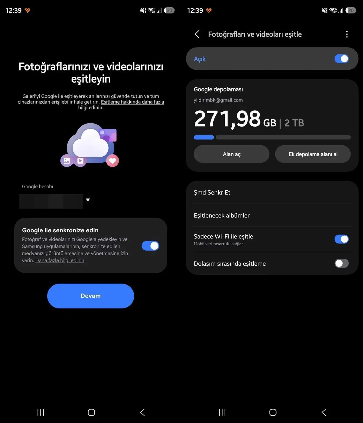 Samsung Galeri’de Google Fotoğraflar senkronizasyon izni, kullanılabilir depolama alanı ve eşitleme ayarlarını gösteren iki telefon ekranı
