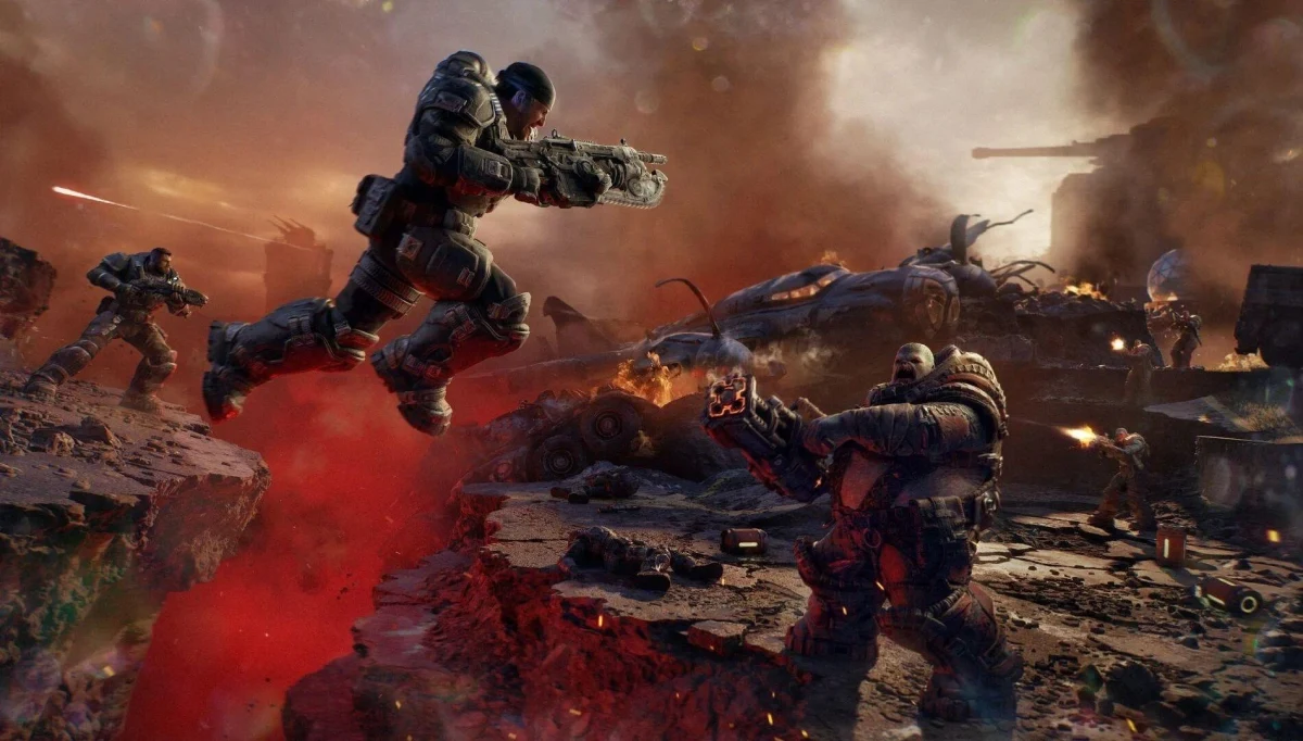 Gears of War: E-Day’den savaş alanında ilerleyen ve çatışan zırhlı askerler