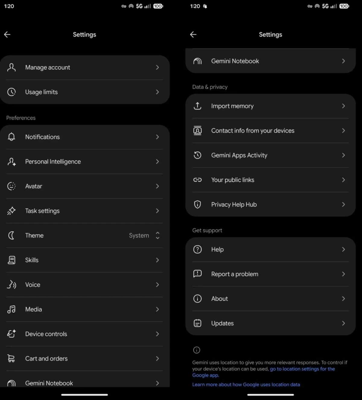 Gemini Android uygulamasının yeni Ayarlar sayfasındaki tercih, veri ve destek seçenekleri