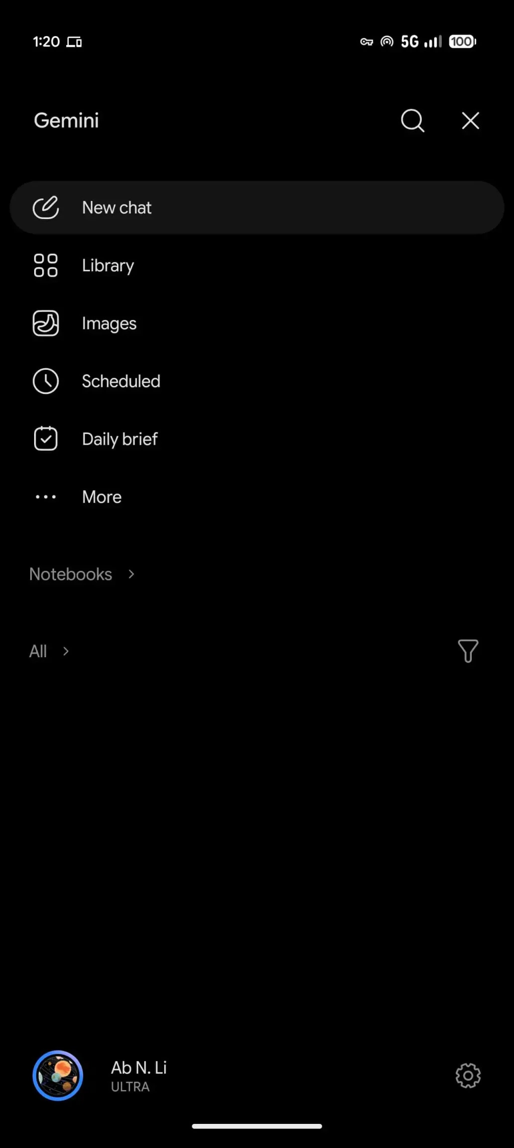 Gemini Android yan panelinde daha az seçenek ve Daha fazla menüsü