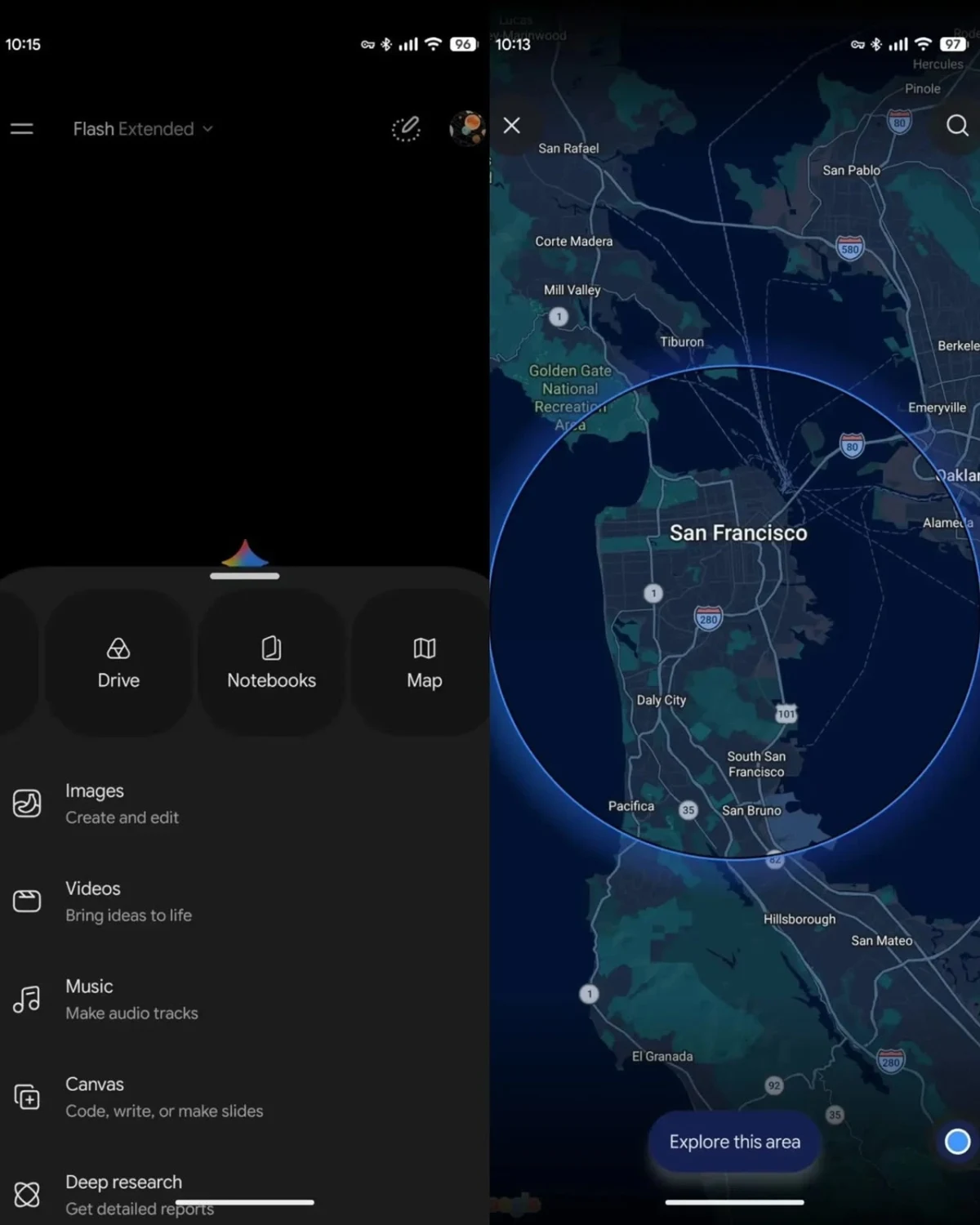 Gemini uygulamasında Harita seçeneği ve San Francisco çevresini gösteren canlı harita ekranı