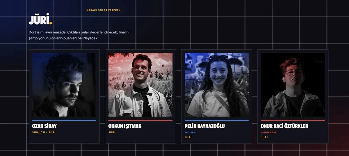 Gemini Prompt Arena sunucusu Ozan Sihay ile jüri üyeleri Orkun Işıtmak, Pelin Baynazoğlu ve Onur Naci Öztürkler’in portreleri