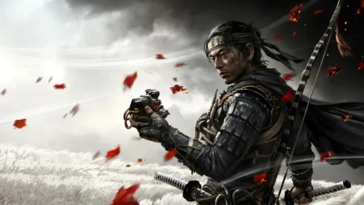 Ghost of Tsushima oyunundan zırhlı bir savaşçının kılıcıyla görüldüğü sahne