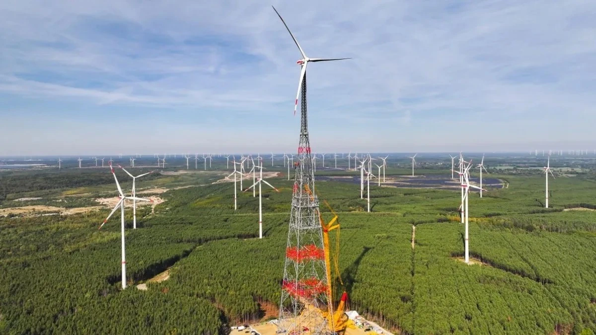 Schipkau’daki 365 metre yüksekliğindeki GICON pilot rüzgar türbini, ormanlık alandaki diğer türbinlerin üzerinde yükseliyor