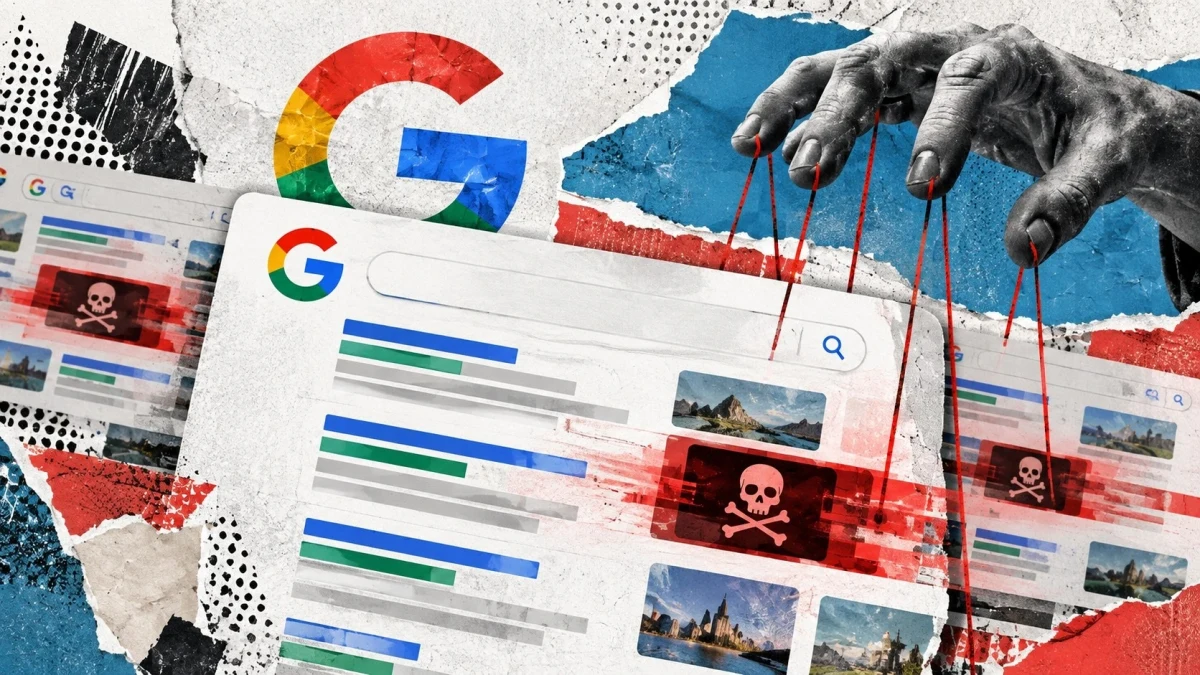 Google logosu, arama sayfaları ve sonuçları yönlendiren ipli el illüstrasyonu