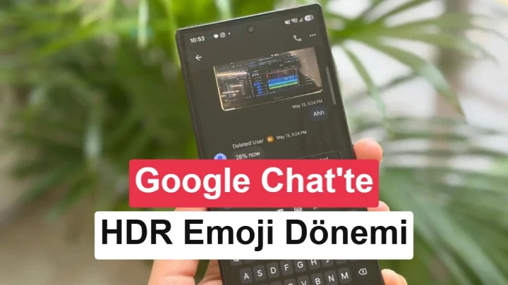 Google Chat’te HDR emoji dönemini duyuran başlıkla birlikte gösterilen telefon
