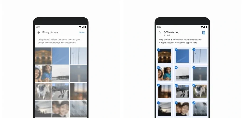 Google Fotoğraflar uygulamasında bulanık fotoğrafları seçme ve silme ekranları