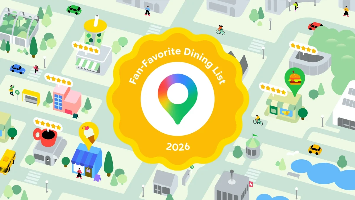 Google Haritalar’ın 2026 Fan-Favorite Dining Listesi için hazırlanan, restoran simgeleri ve harita iğnesi içeren illüstrasyon