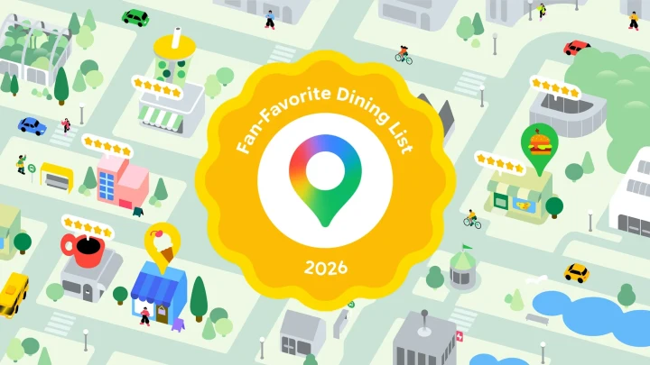 Google Haritalar’ın 2026 Fan-Favorite Dining Listesi için hazırlanan, restoran simgeleri ve harita iğnesi içeren illüstrasyon