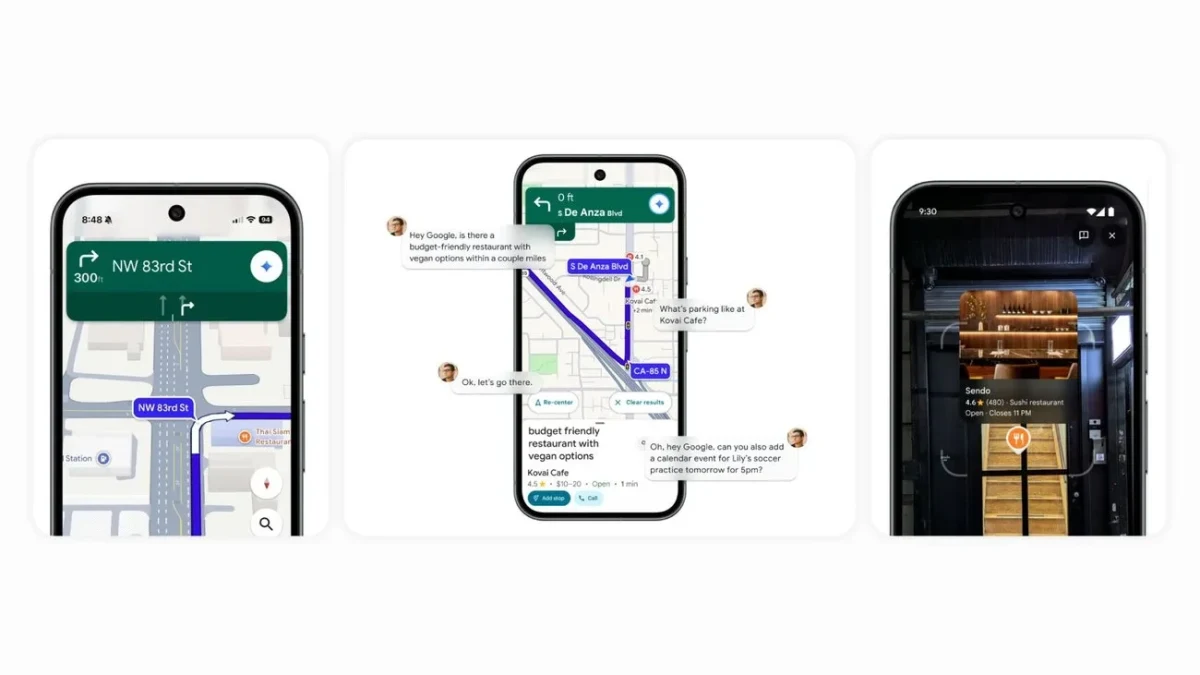 Google Haritalar ve Gemini özelliklerini gösteren üç akıllı telefon ekranı