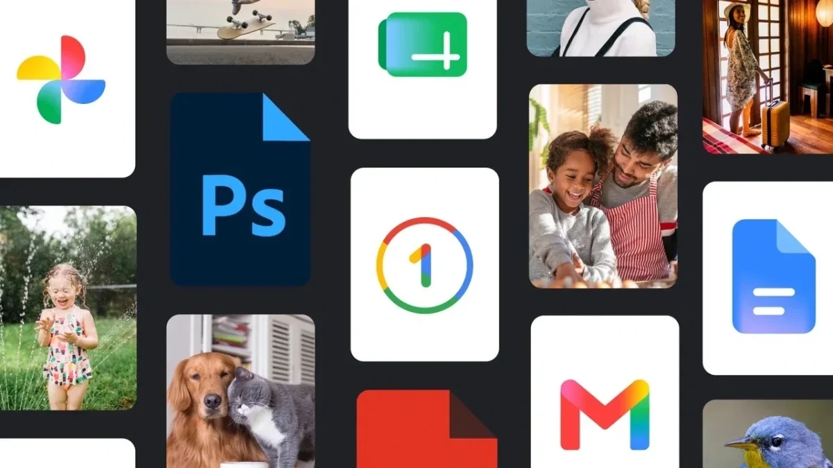 Google Fotoğraflar, Drive, Gmail ve diğer uygulamaları simgeleyen görsel kolaj