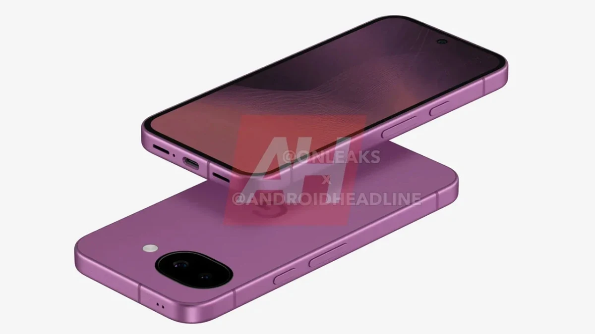 Mor renkli Pixel 11a olduğu belirtilen telefonun önden ve arkadan açılı görünümü