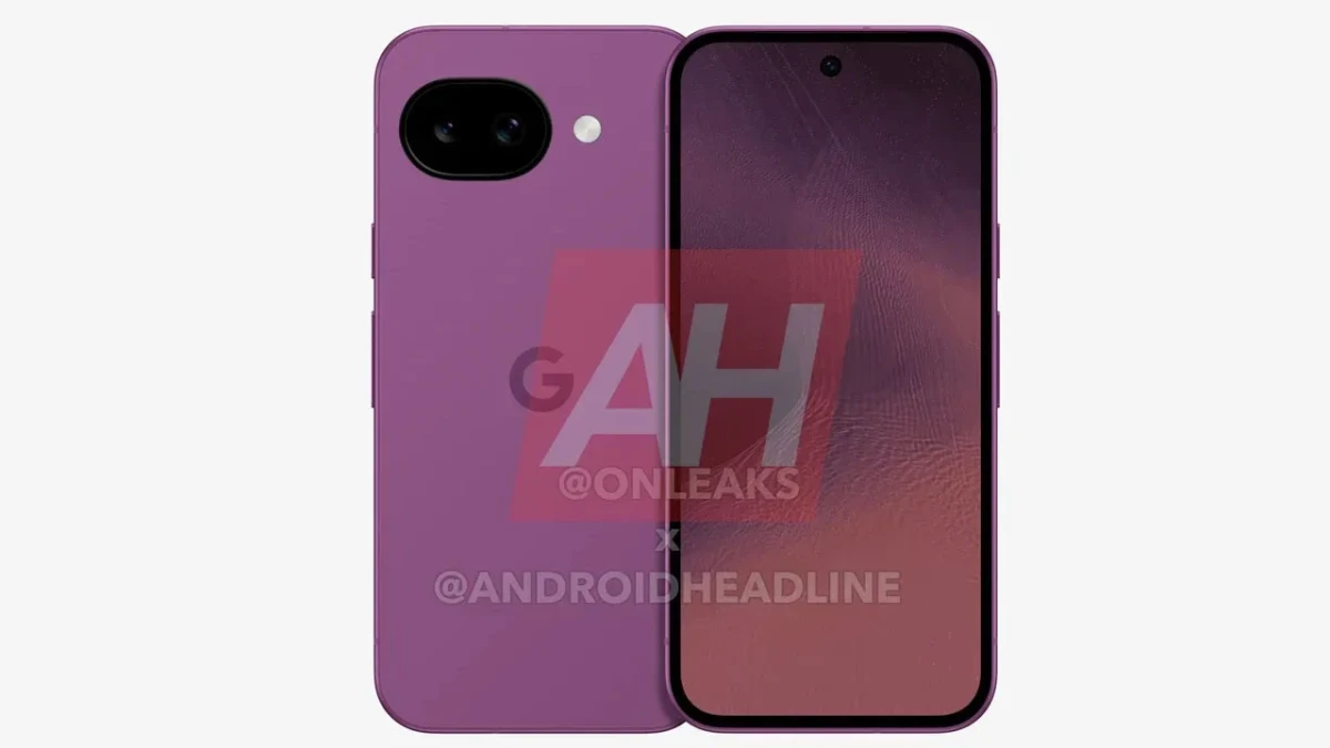 Mor renkli Pixel 11a olduğu belirtilen telefonun ön ve arka görünümü