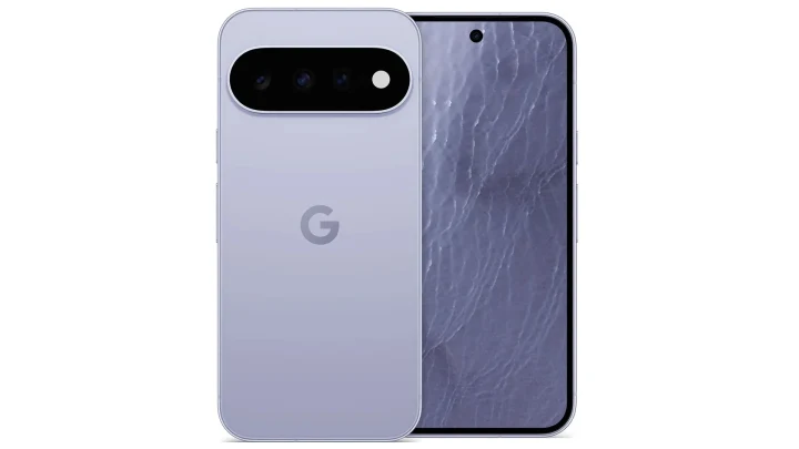 Mor renkli Google Pixel telefonun ön ve arka yüzü