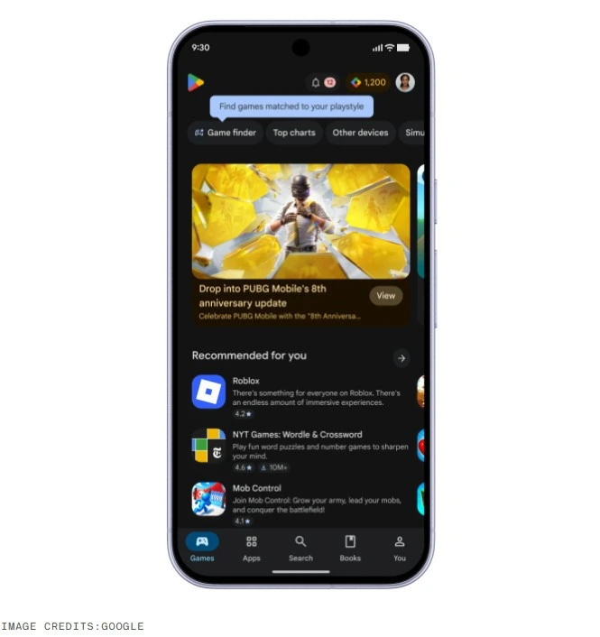 Google Play’de oyun önerilerinin ve Game Finder aracının yer aldığı telefon ekranı