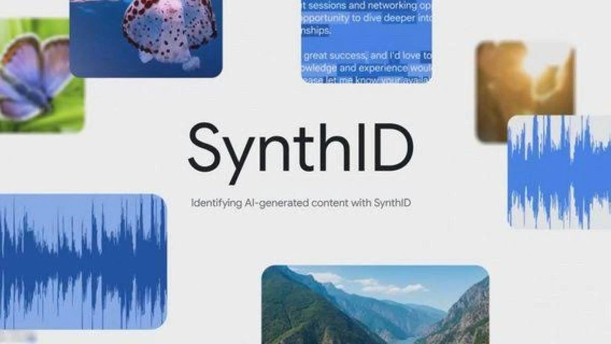 SynthID yazısının çevresinde görsel örnekleri ve ses dalgaları bulunan tanıtım görseli