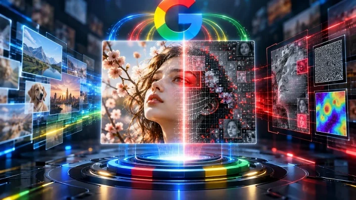 Google logosu ve yapay zekâ üretimi bir görseli analiz eden dijital ekranları gösteren illüstrasyon