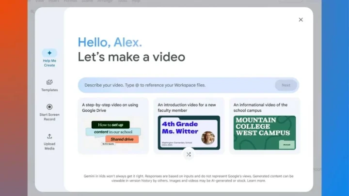 Google Vids’in video oluşturma başlangıç arayüzü