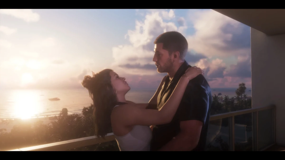 GTA 6 fragmanında gün batımında balkonda birbirine sarılan iki karakter