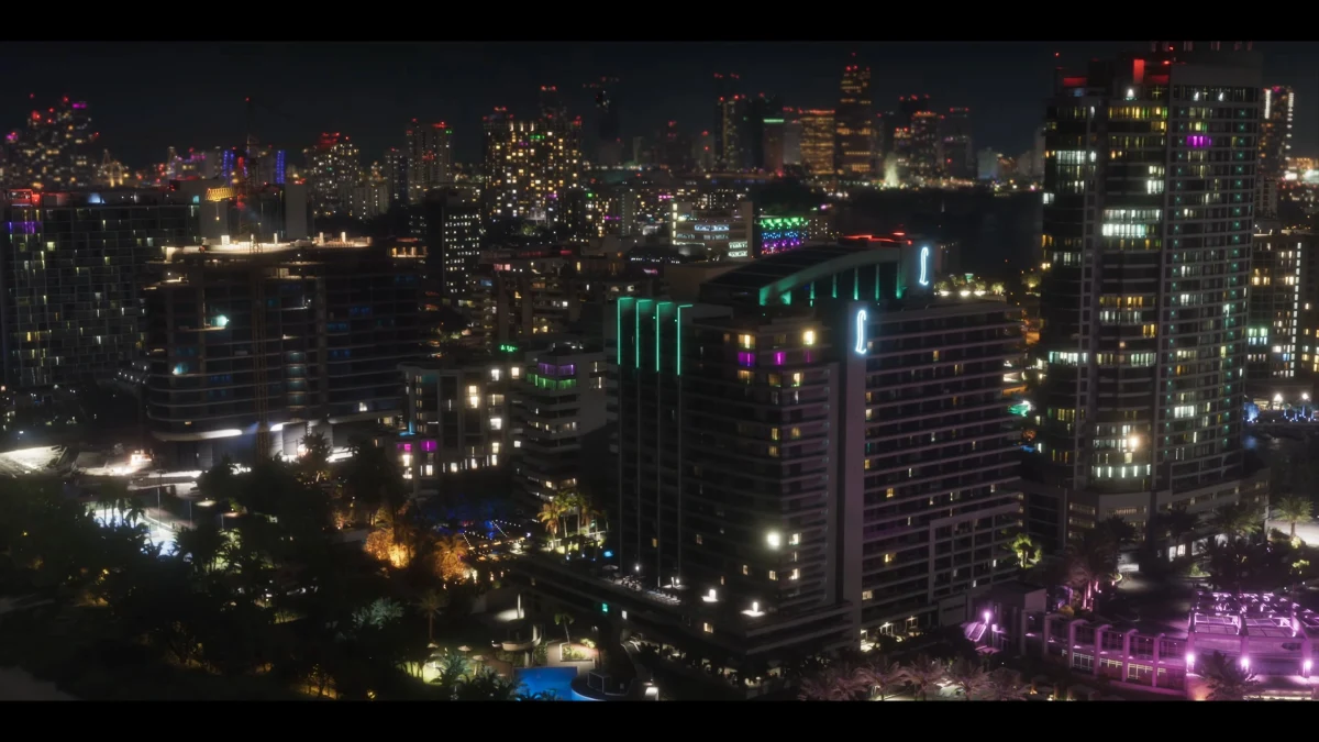 GTA 6 fragmanında gece ışıklarıyla aydınlanan şehir manzarası