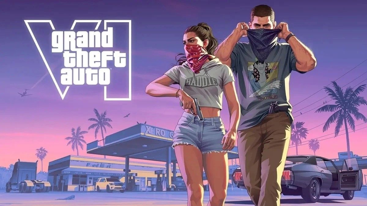GTA 6 logosu önünde yüzlerini kapatan iki karakter